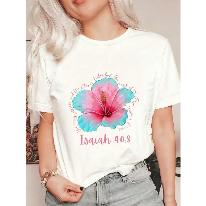

Women s Short-Sleeve T-Shirt with Pink-Blue Gradient Hibiscus Flower & Isaiah 40:8 Scripture Print XXXXL белый