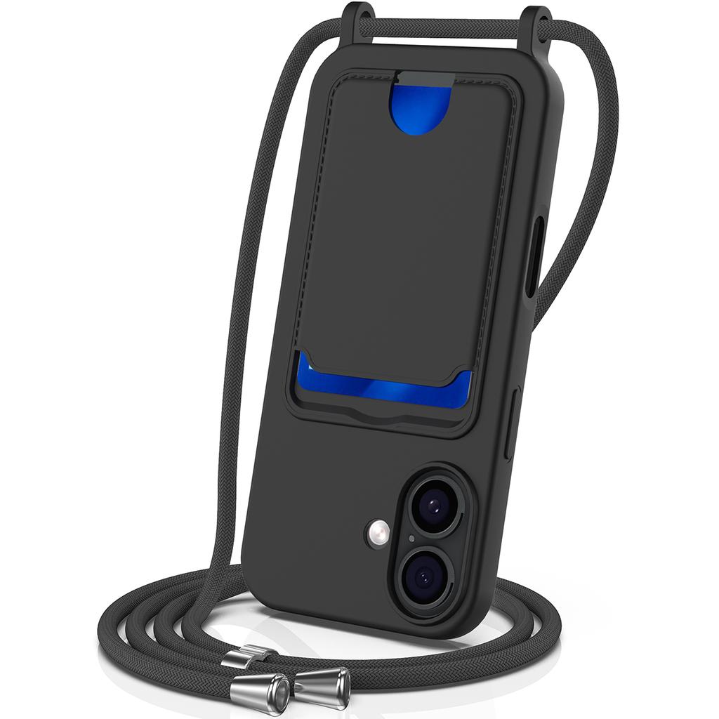 For iPhone 17 Case Liquid Silicone Card Holder Back Phone Cover with Lanyard