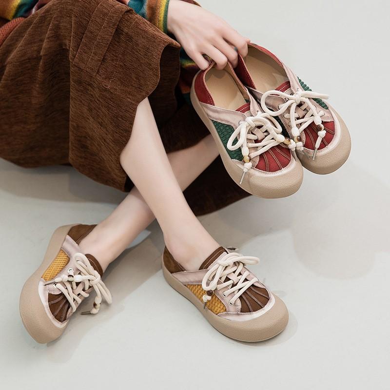 Johnature Mixed Colors Casual Lace-up Flats Genuine Leather Versatile Soft Soled Women's Shoes