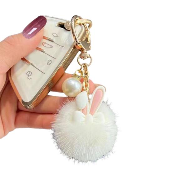 Keychain Rabbit Ear Soft Plush Ball Charm Key Chain Car Keys Bags Backpacks Kids Travel Accessories Stress Relief Gift