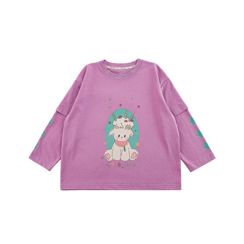 Wulibu Girls' Cartoon Print Faux Two-Piece Ribbed T-Shirt - Cute, Casual Spring 2025 Trend.