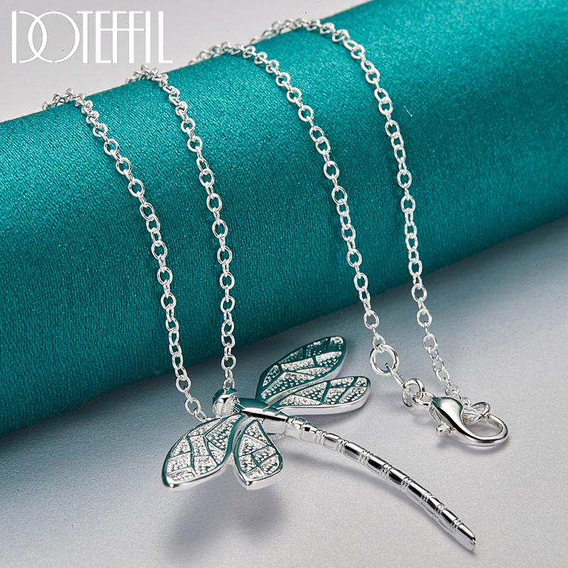 DOTEFFIL 925 Silver 40-75cm Chain Big Dragonfly Pendant Necklace For Women Wedding Engagement Party Fashion Jewelry