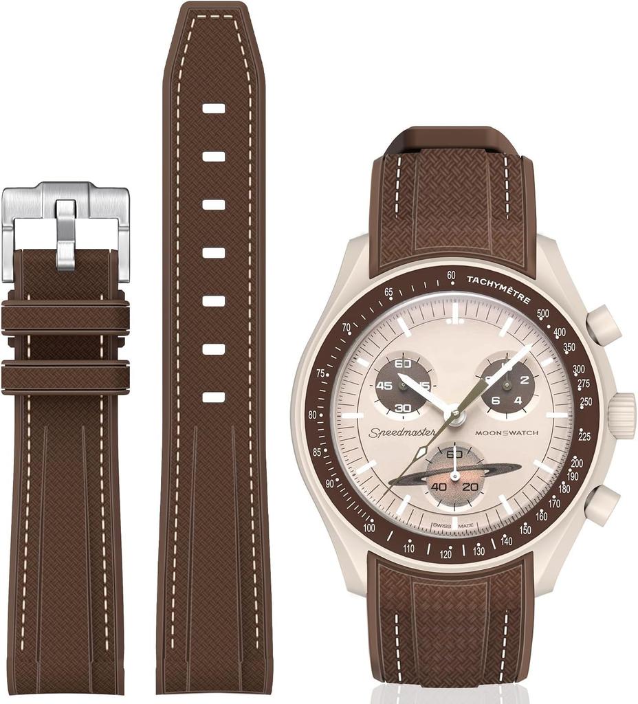 Jumpsunfun 20mm Watch Band for Omega and Quick Release Silicone Strap with Replacement Brown with White Stitching X, Swatch, Speedmaster, MoonSwatch,