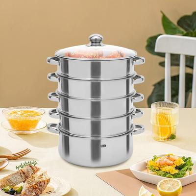 Cuit-vapeur 5 étages en acier inoxydable 28 cm Casserole à vapeur superposée Batterie de cuisine Cuisine Cuit-vapeur à soupe Ensemble de cuisson Argent avec couvercle en verre