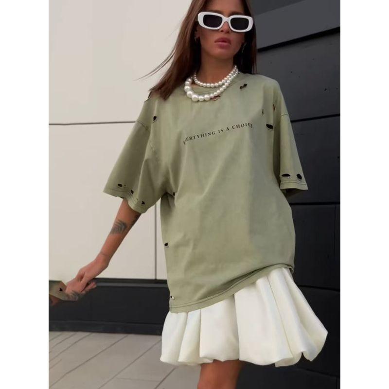 Western Style Loose Letters Print Distressed Hole T-shirt Top Broken Hole Printed T-shirt