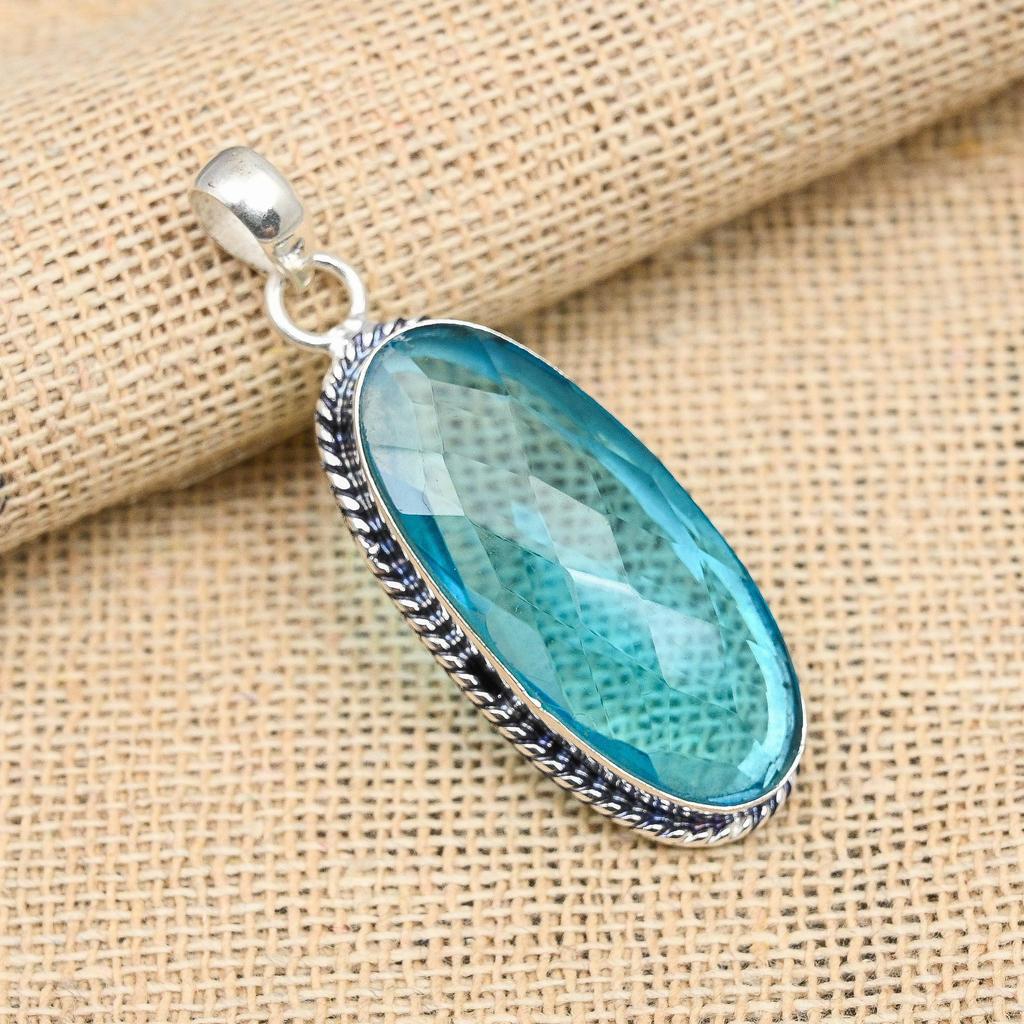 Beautiful Blue Topaz Gemstone Handmade 925 Sterling Silver Pendant Jewelry