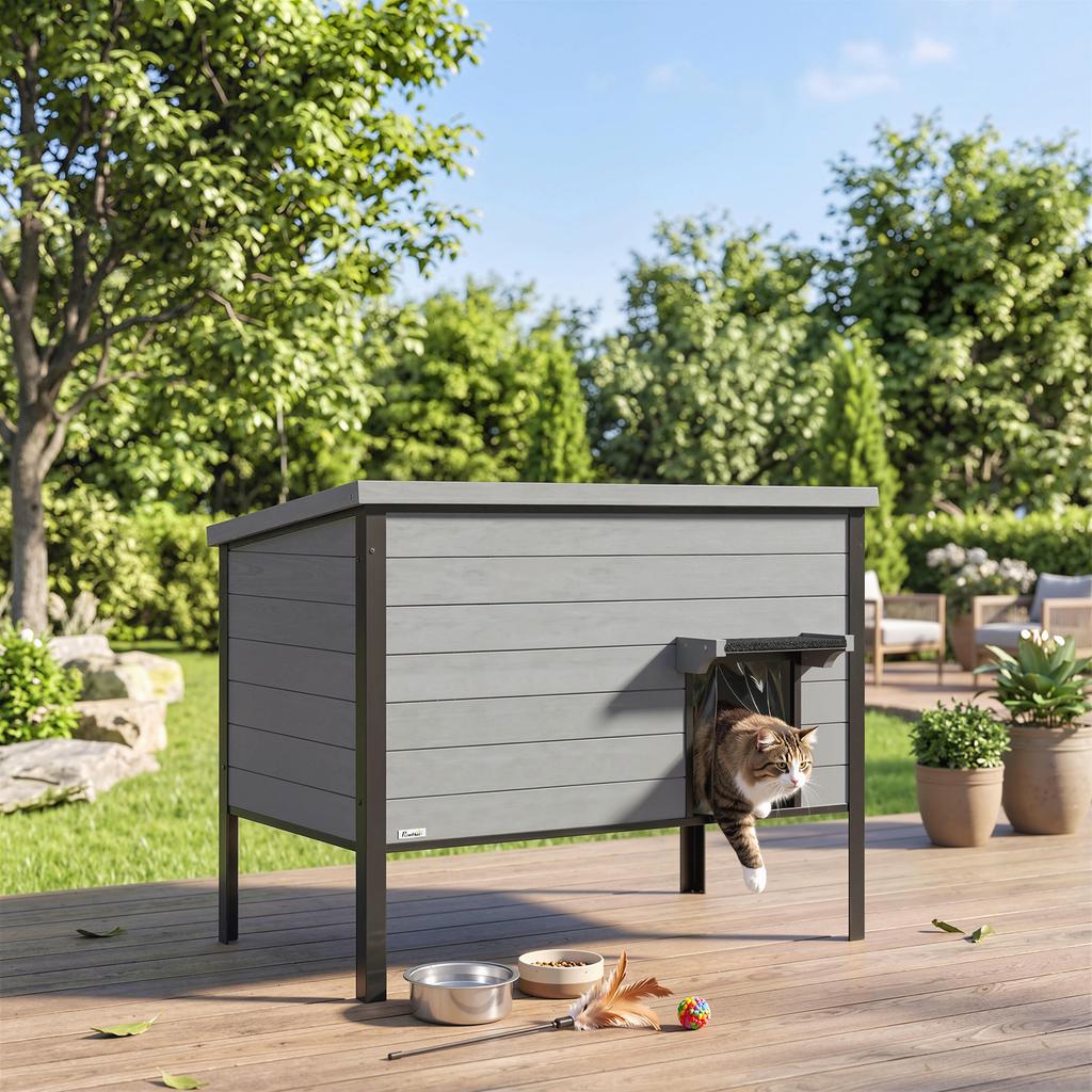 Weatherproof Cat House with Hinged Roof, Removable Floor, Entrance, for 1-2 Cats Up To 12 Kg, 85x55x70 Cm, Light Grey