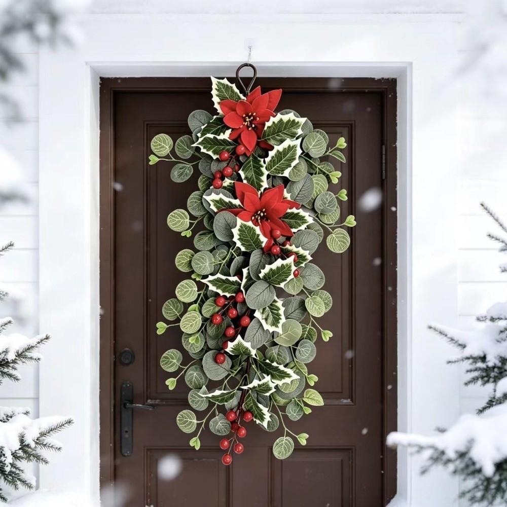 Red Berry Holly Artificial Poinsettia Garland Realistic Poinsettia Pine Wreath  Front Door Decor