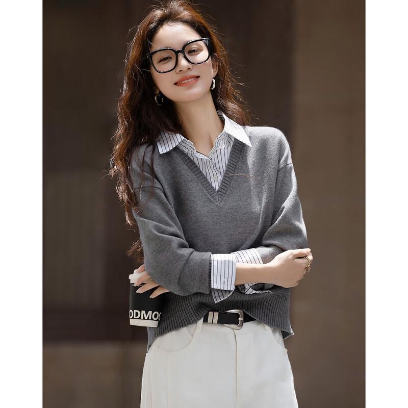 Demana Women's Scholarly Patchwork Lapel Knit Sweater