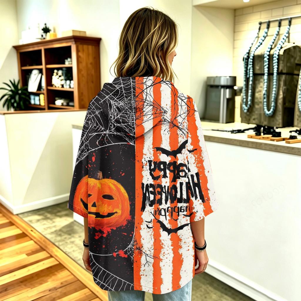 Women's Fashionable Three-Quarter-Sleeve Halloween-Printed Hooded Pullover