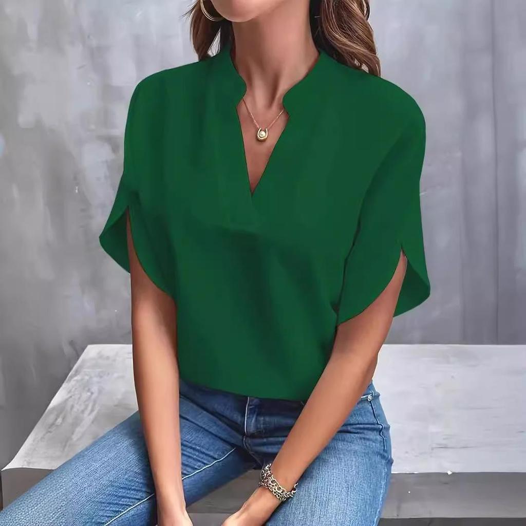 VEZFAA Blusas y camisas de manga corta con cuello en V para mujer, estilo casual, verano, primavera, color sólido