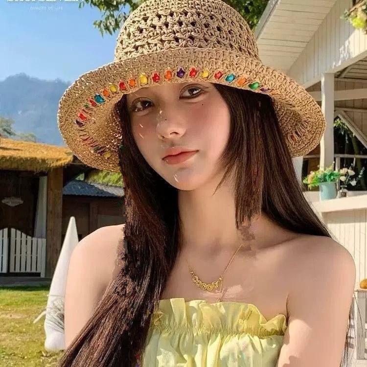 

Color Wood Bead Straw Hat Women s Summer Original Hollow Big Brim Sunshade Sunscreen Hat Foldable Fisherman Hat M（56-58cm）