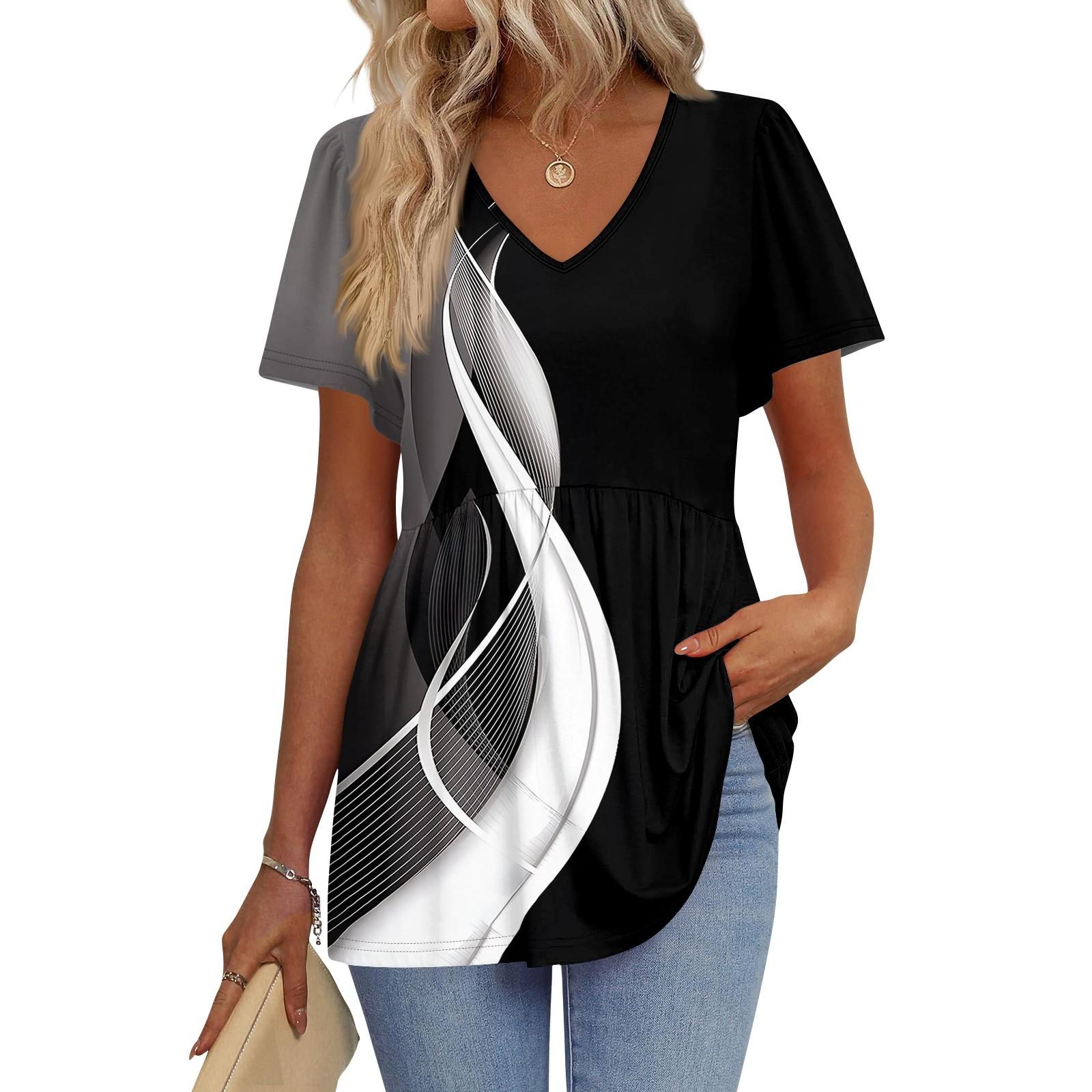 

Женские рубашки с коротким рукавом и оборками, повседневные наряды, модная футболка, топ L чёрный