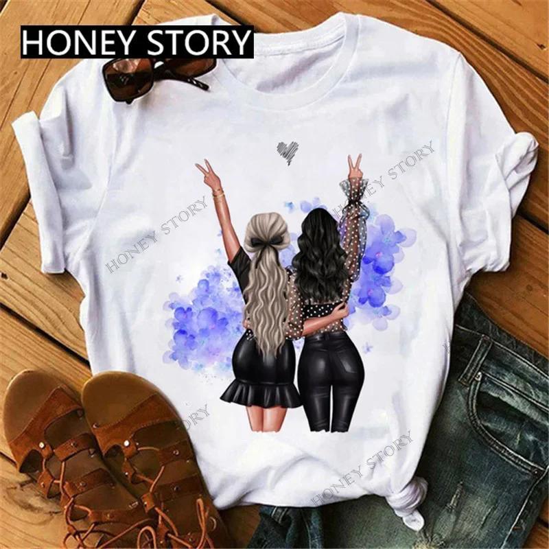 Summer Fashion Best Friends T-Shirt Short Sleeve Graphic Tees for Ladies Good Friend Bestie Sister Outfit Polyester Fabric