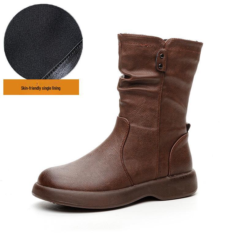 2024 Women's British Style Flat-Sole Velvet Mid-Length Martin Boots for Autumn and Winter
