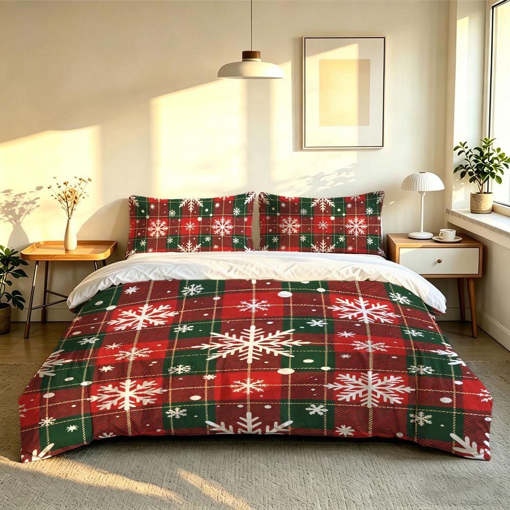 Christmas Duvet Cover Set 3Pcs Red Green Plaid Snowflake Print Soft Microfiber Bedding with Pillowcases Bedroom Decor