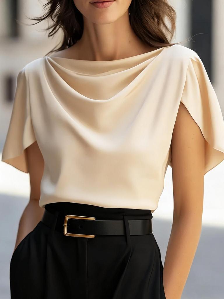 2026 Satin Imitation Silk Drape Swing Collar Short Sleeve Women's Top
