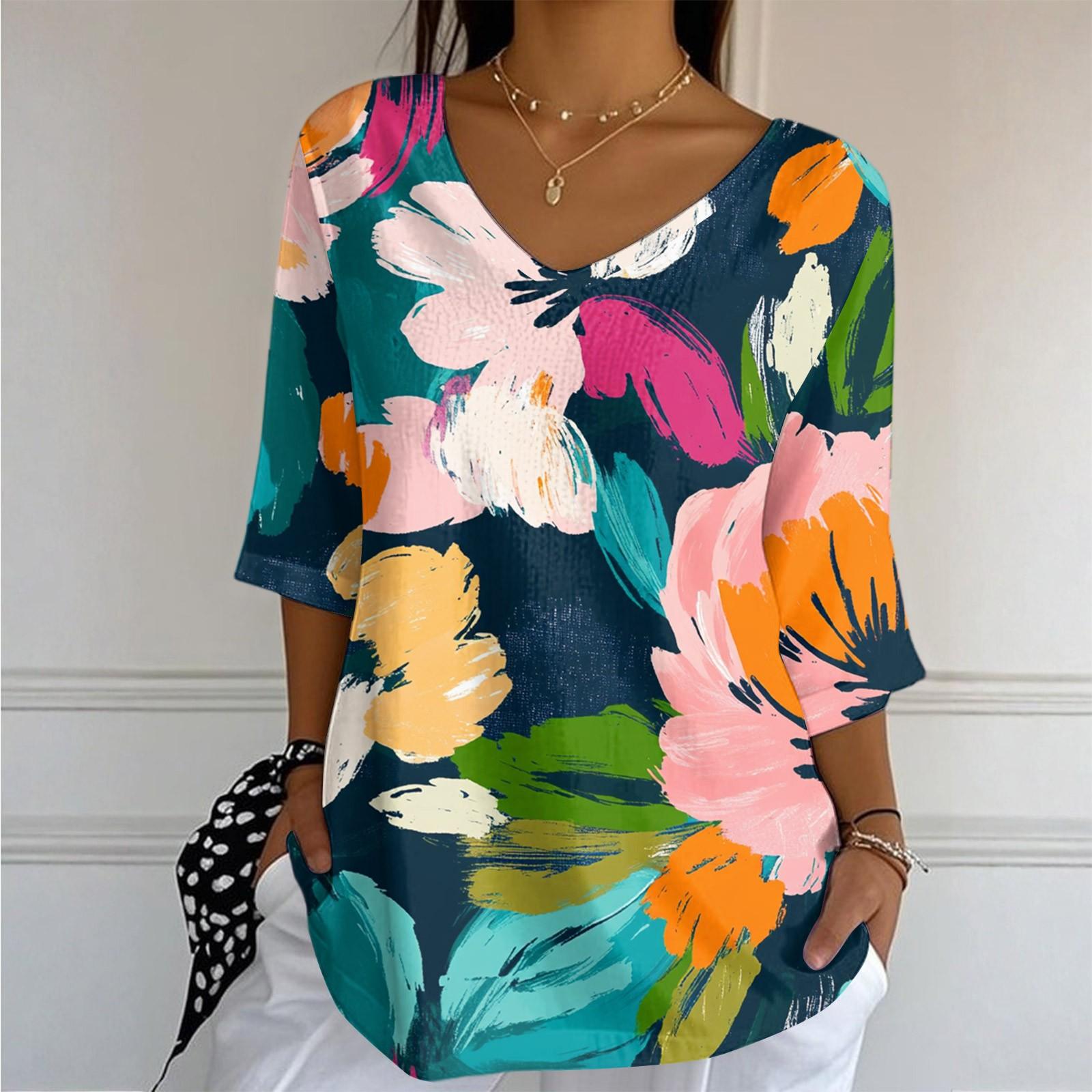 

Женский повседневный и модный топ с V-образным вырезом, цветочным принтом и рукавами три четверти XL