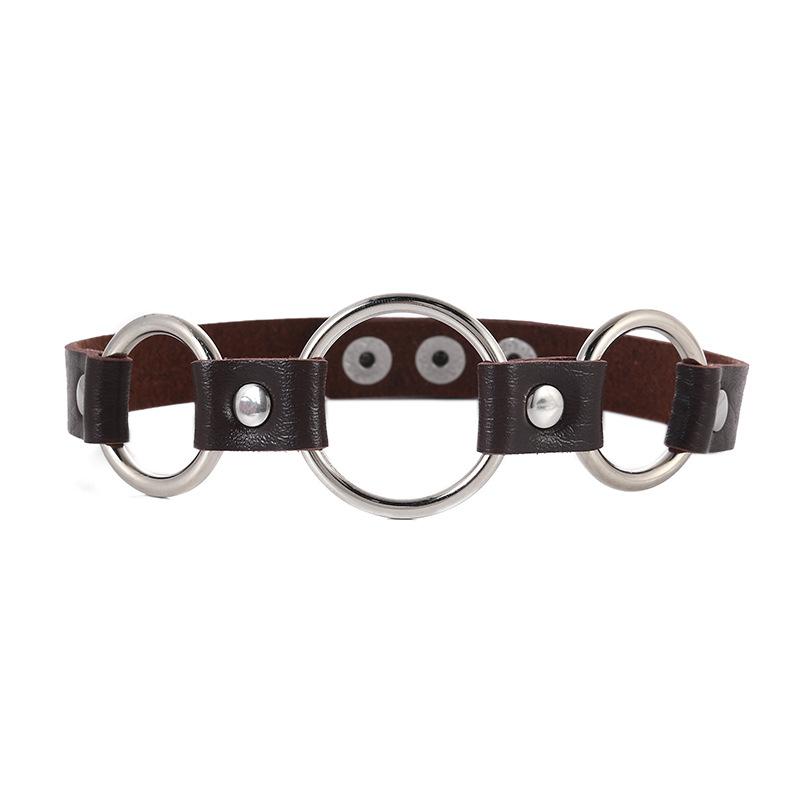 

Leather choker - edgy punk style, leather & metal, spicy girl round necklace, neck chain темно-коричневого кольору