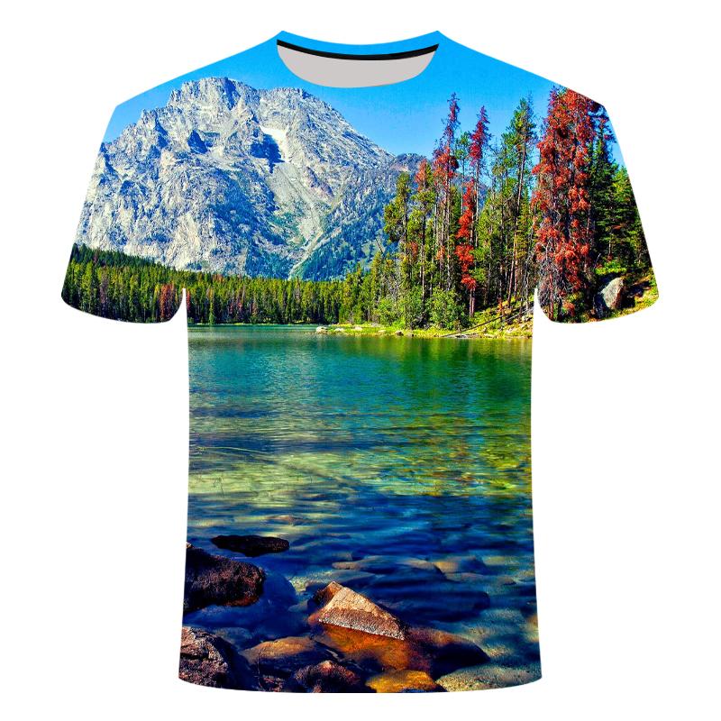 Summer Mountains and Rivers Graphic T Shirts For Men Fashion Natural Scenery Pattern T Shirt Handsome Casual 3D Print T-shirt
