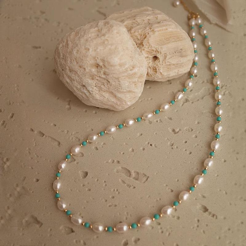Rice Grain Freshwater Pearl Interval Turquoise Necklace Temperament Cold Wind Beaded Collarbone Chain New Chinese Bracelet