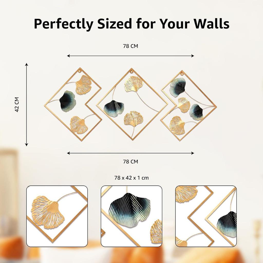 Metal Leaf Wall Sculpture/Hanging for Living Room | Elegant Iron Wall Art | Sturdy Iron | Wall Hanging | Wall Décor \ 78 X 42 Cm | Set of 3