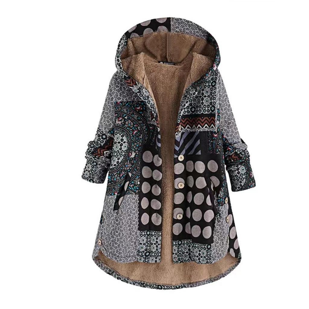 Winter New European American Women's Cotton Linen Printed Hoodie Warm Fleece Coat In Stock
