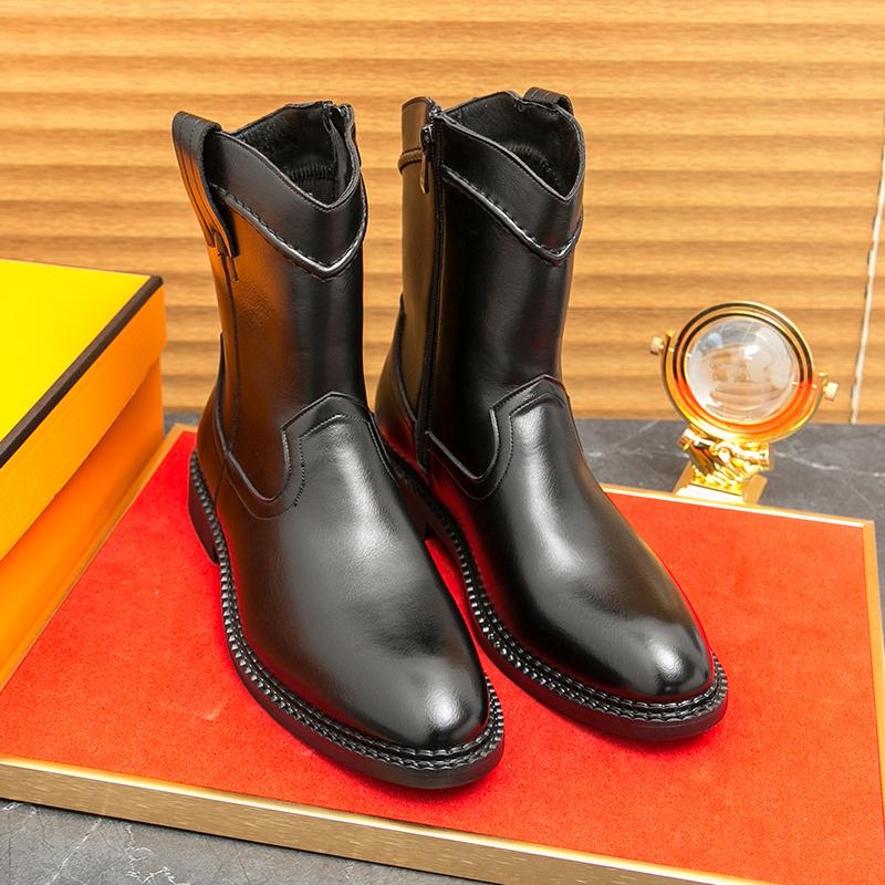 Men’s Western Cowboy Boots Pointed Toe Motorcycle Boots Black Brown Casual Retro Dress Zipper Leather Men’s Shoes Plus Size