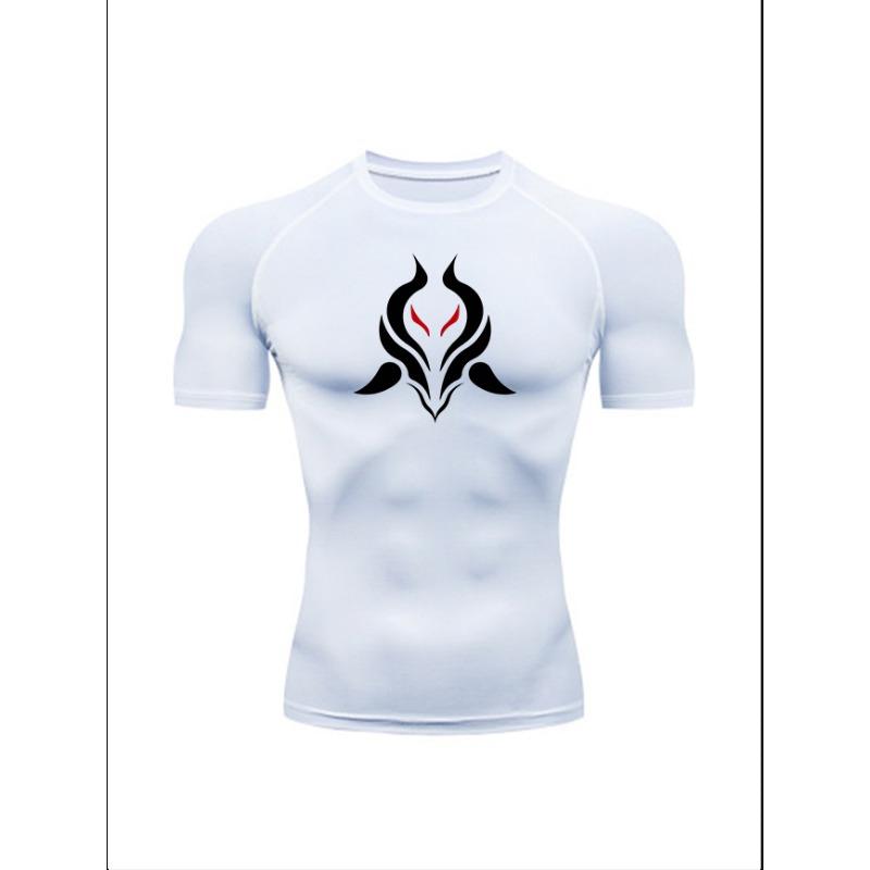Men'S Demon Print Compression T-Shirt, Quick Dry Short Sleeve Gym Workout Tee, Gothic Tribal Pattern Athletic Fitness Training Top