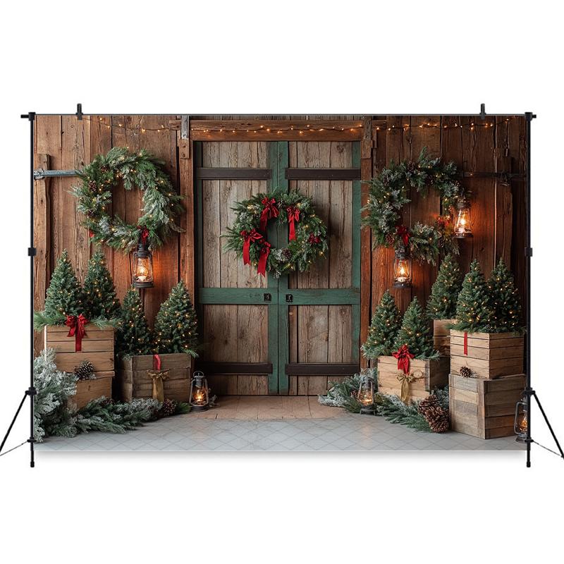 Mocsicka Christmas Wood Door Background Photography Room Wreath Tree Wall Backdrop Shooting Props Party Decoration Studio Banner