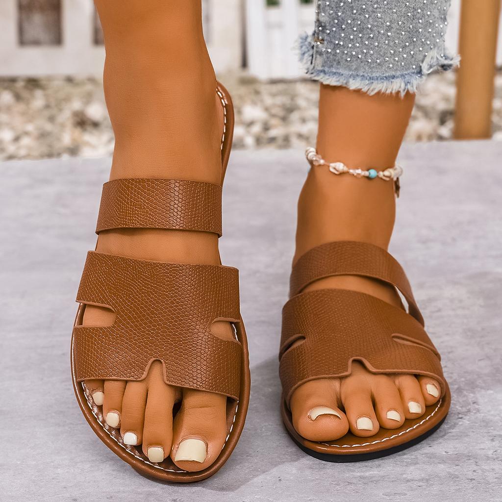 Flat bottom women's one-word sandals 2025 large size summer new round head comfortable flat bottom one-pedal cool slippers