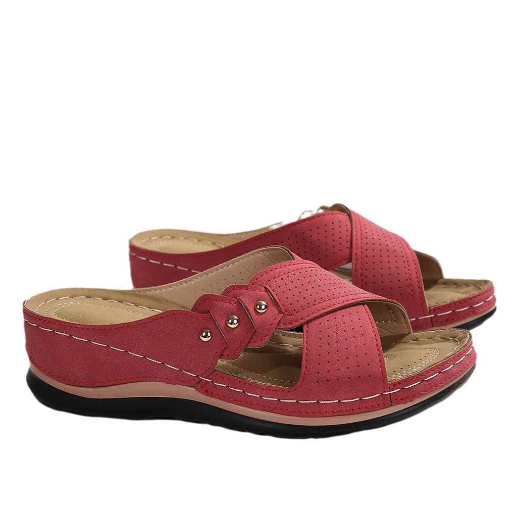 Fashion Vintage Mid Heel Strappy Back Open Toe Slide Sandals - Soft Faux Leather Upper Comfy PU Sole Comfortable Shoes for Women