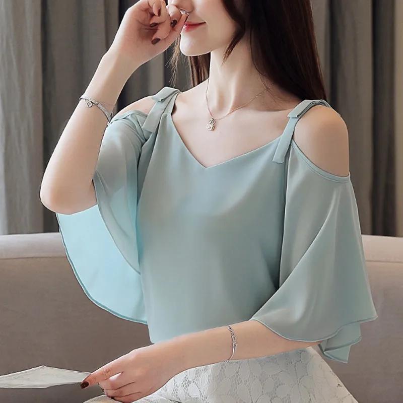 Sexy Chiffon Summer Blouse Women Fashion Casual Butterfly Sleeve Shirt Korean Ladies Tops White Blouses Blusas Mujer S зелёный
