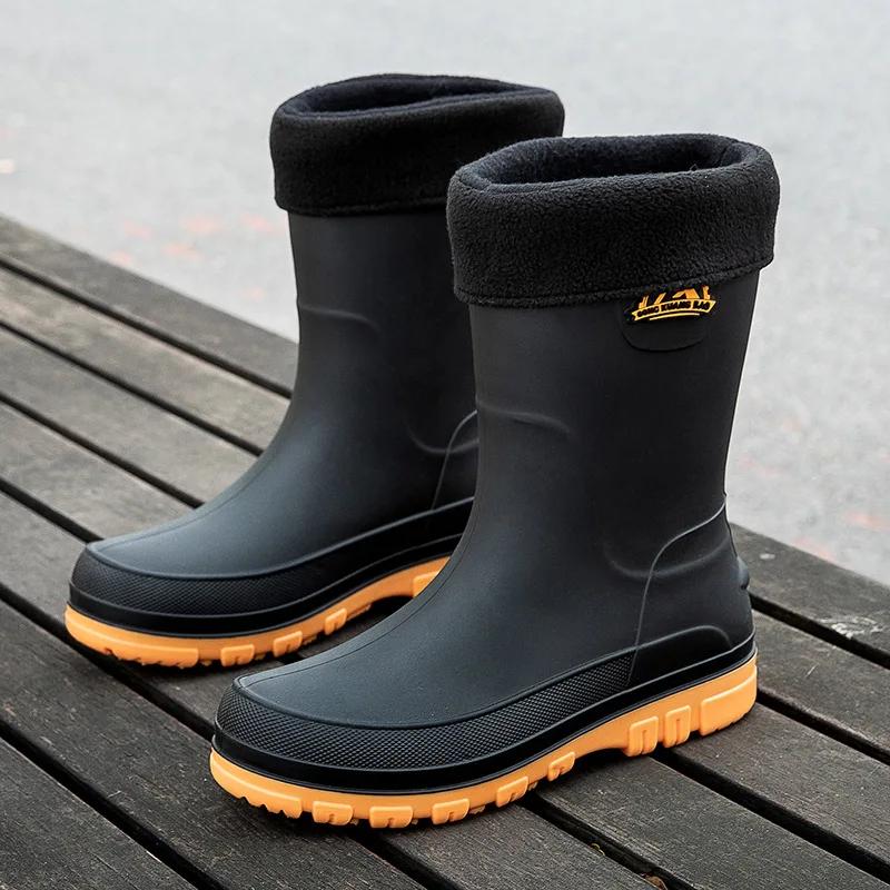 Fashion Men's Rain Boots Fashion Mid Calf Rubber Boot Non Slip Water Footwear Outdoor Waterproof Work Safety Boots Men's Rain Shoes New