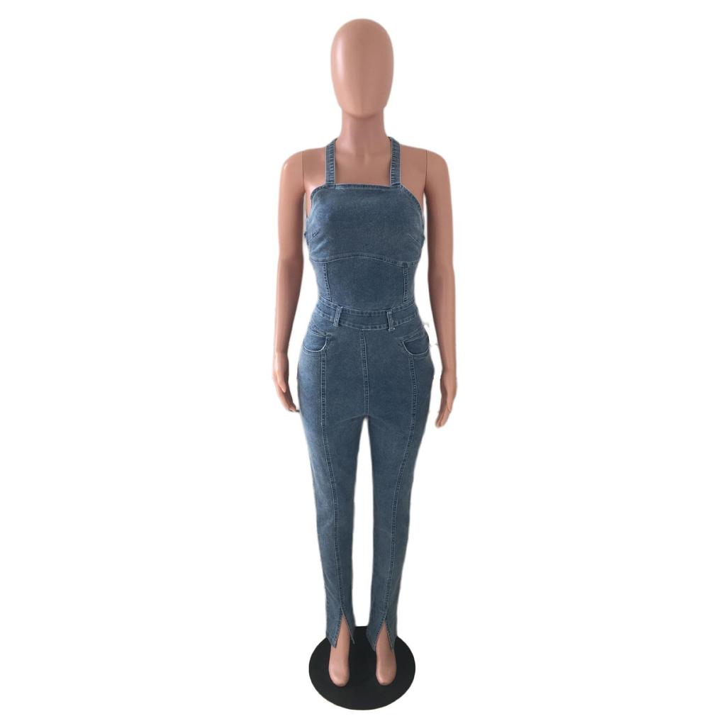 European American Casual Slim Backless Bandage Denim Jumpsuit