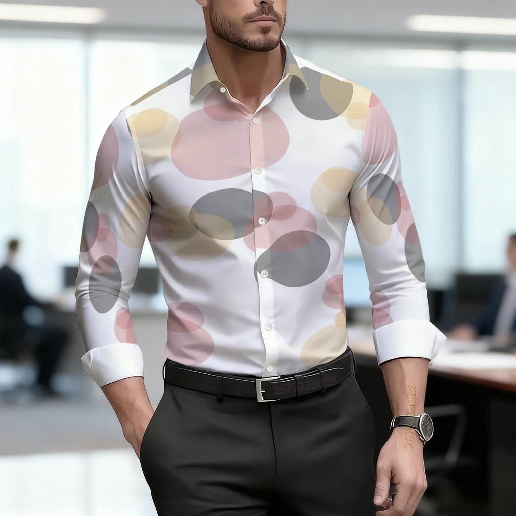 Camicia da uomo 2026, nuova, a pois bianchi e neri, a maniche lunghe, da lavoro, vestibilità slim, alla moda, casual, tessuto di alta qualità