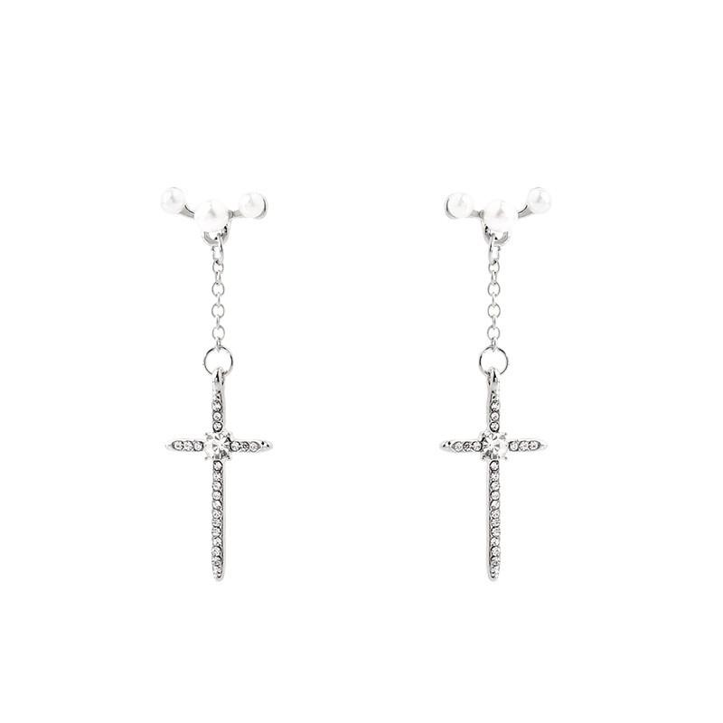 Cross Pearl Fringed Stud Earrings High-End Sense Niche Design Long Temperament Earrings Versatile