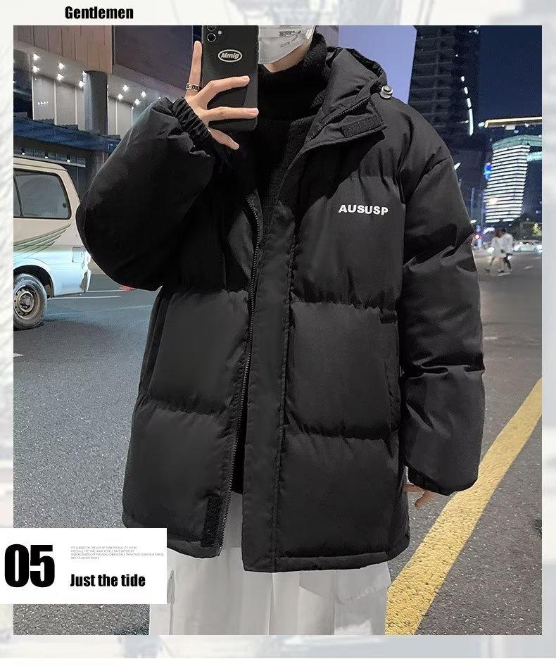 Hong Kong Style Men’s Thick Winter Stand Collar Jacket – Loose Fit, Solid Color, Printed Trendy Design