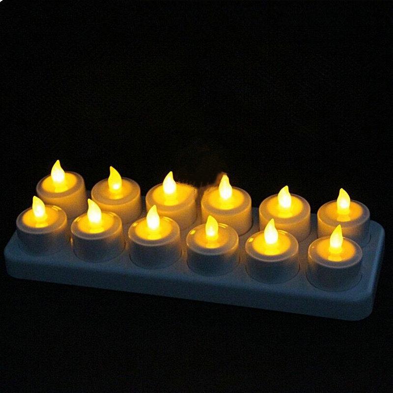 Set mit 12 wiederaufladbaren LED-Kerzen, flackernd, ohne Flamme, Teelicht, elektrische Lampe, wachsfrei, Valentinstag, Zuhause, Hochzeit, Weihnachten, Tischdekoration