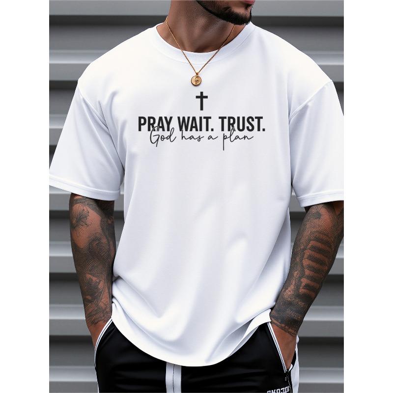 Europäische Größen Herren Schwarz Kurzarm T-Shirt mit Pray Wait Trust God Has A Plan Aufdruck - Lockere Passform Casual T-Shirt, Minimalistisches Design für Sommer Täglich