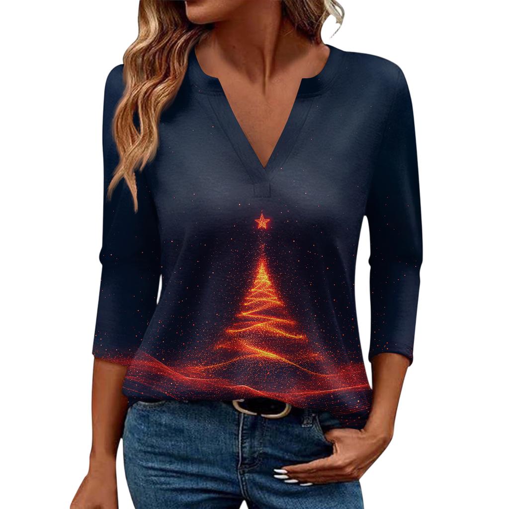 Women's Casual Fashionable Sexy Comfortable V-Neck Christmas Three-Quarter Sleeve Top