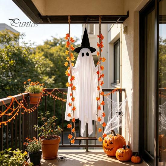 Autumn Maple Leaf Accents Hanging Swing Ghost Halloween Decoration with Leaf, Light Up Ornament Seasonal Manor Window Decor Height Adjustable