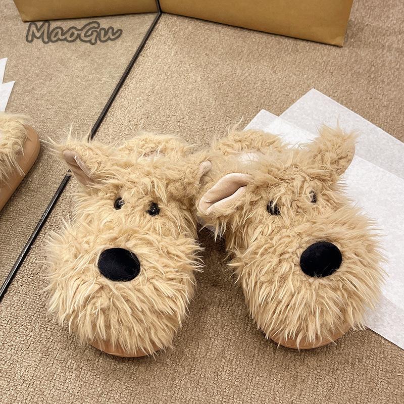 Fashion Casual Fluffy Women's Slippers Home Flat Cartoon Dog Design Winter Shoes Girls Indoor Plush Platform Footwear Fuzzy Fur Slides