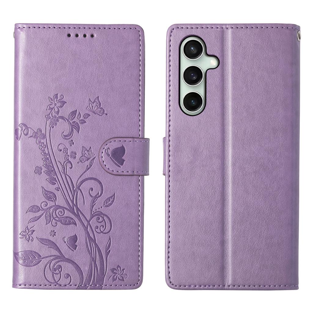 For Samsung Galaxy S25 FE Wallet Case Butterfly Floral Imprint PU Leather Phone Cover with Wrist Strap