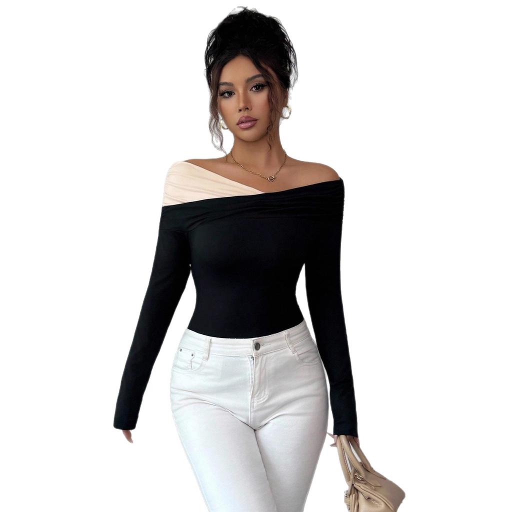 Autumn Winter Color Block Off Shoulder Irregular Ruffle Hem Slim Long Sleeve Top Fashion Daily Basic Office Lady Casual Slim Fit Ladies Elegant Top