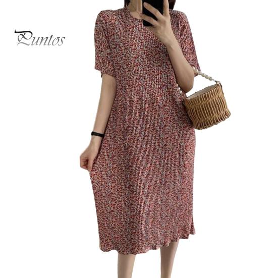 

Летнее женское платье с маленьким цветочным принтом и круглым вырезом, свободное платье миди с короткими рукавами и плиссировкой до середины икры, пуловер для свиданий и покупок красный