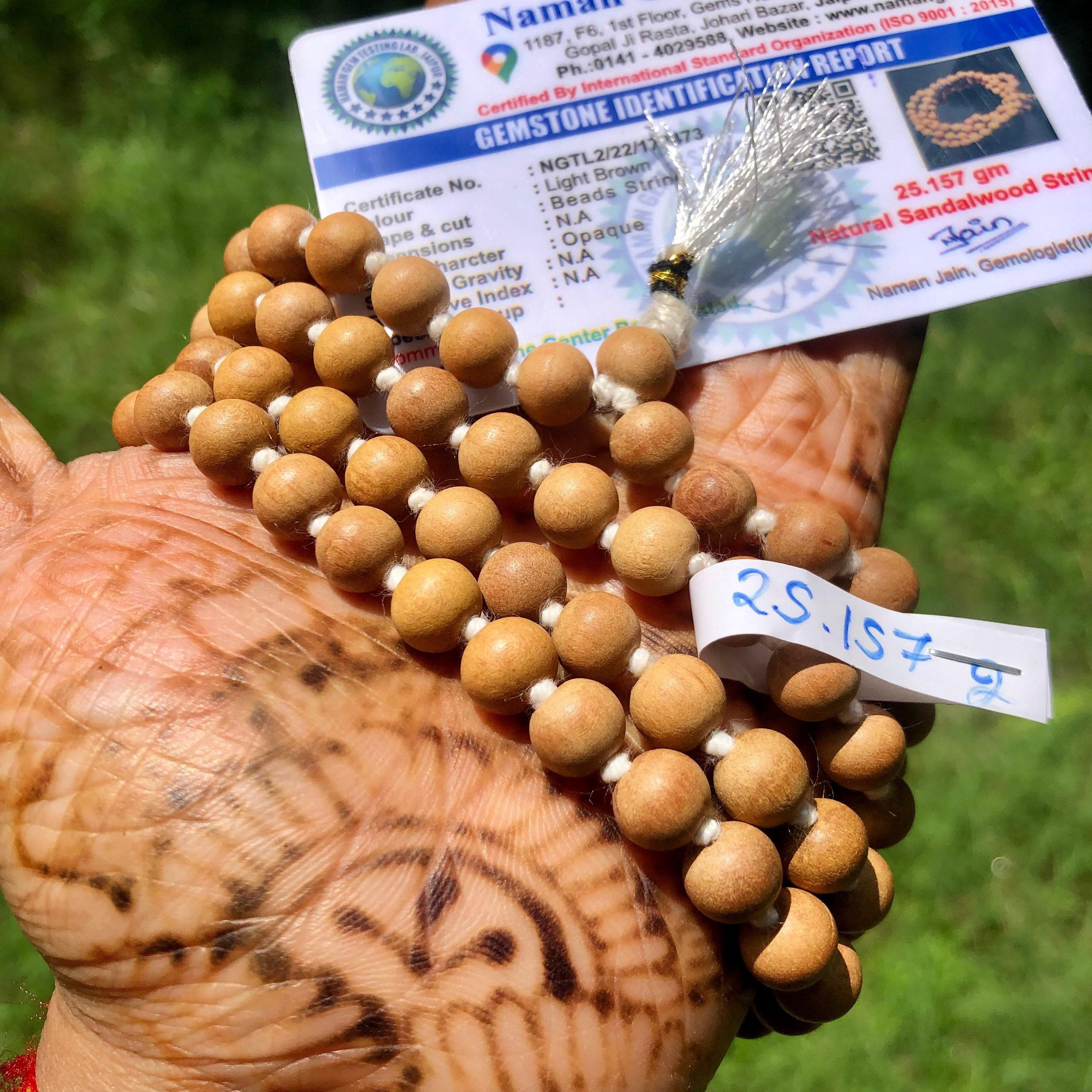 Lab certified 8 mm round 108+1 Bead 38 + Indian Origin White Sandalwood Safed Chandan Japa Mala Rosary, Mysore Sandalwood, Natural Perfumed One Size