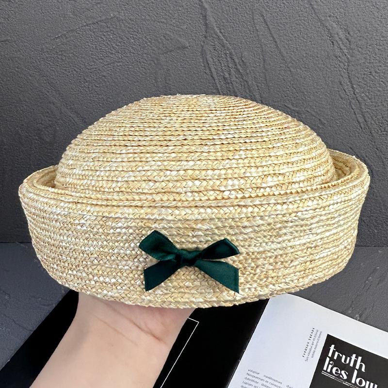 Ins Bow Natural Wheat Straw Hand Woven Berets Women Bohemian Sun Hat Circle Concave Top Straw Hat Church Derby Party Beach Hat