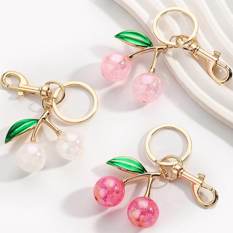 Sophisticated Resin Cherry Bag Charm with Glitter Key Ring Clip Stylish Metal Keychain Pendant Accessory for Purses
