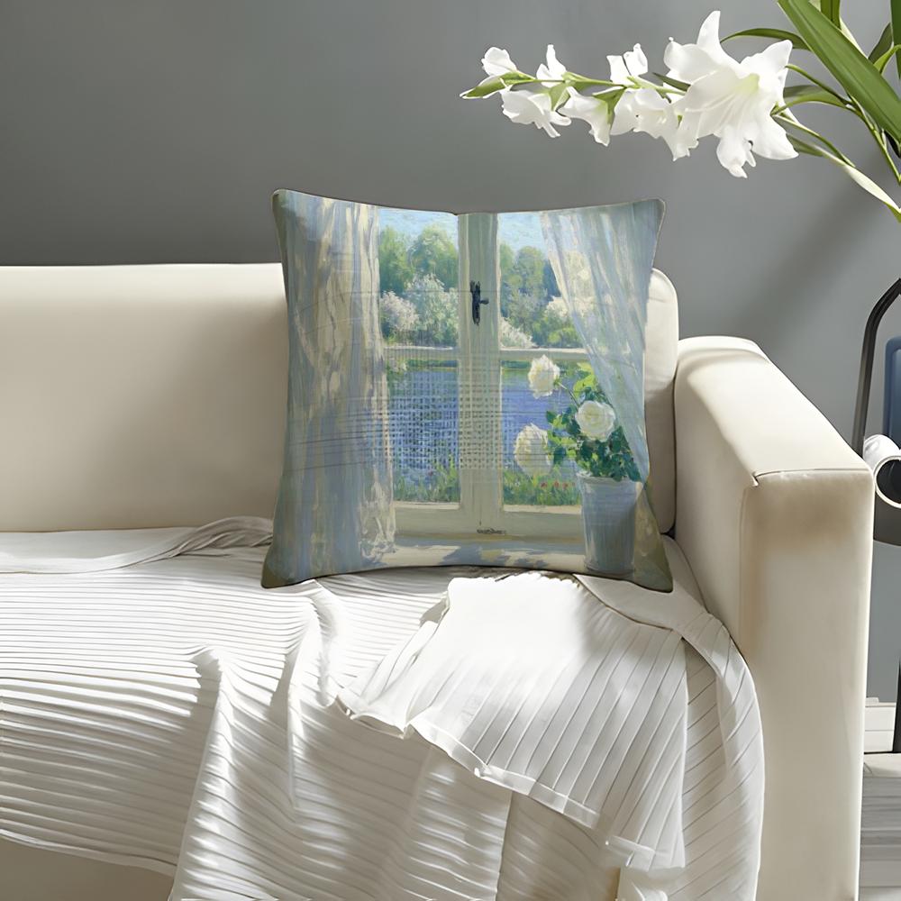 Landscape painting style Pillow Case Natural Linen Organic Fabric DoubleSided Printing Sofa Home Decor Cushion Cover